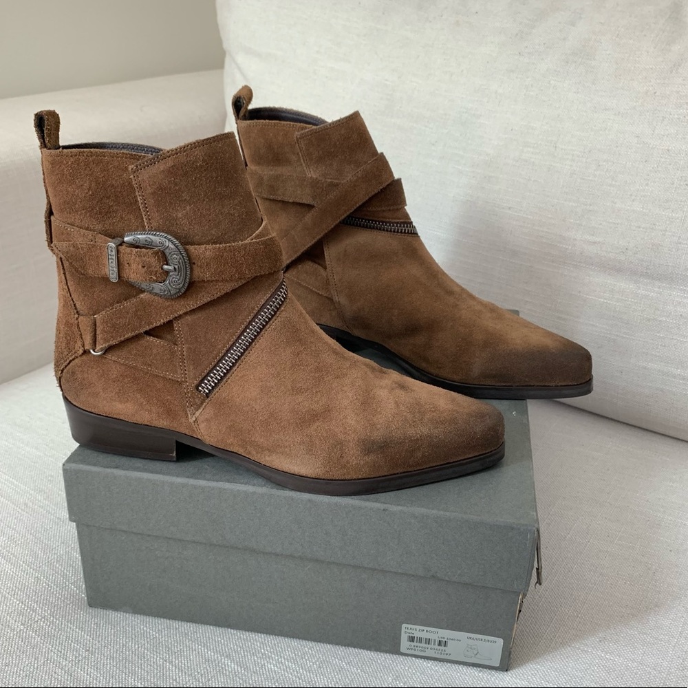 AllSaints Tejus Brown Suede Strap Harness Ankle Boots